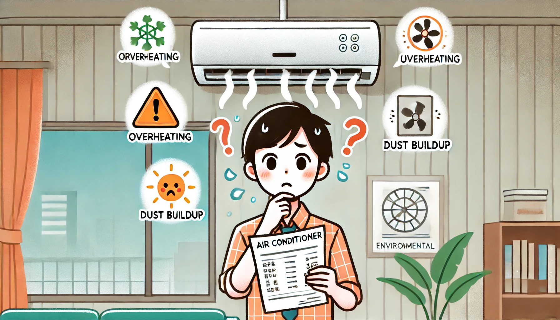 An illustration representing the concerns about leaving an air conditioner on. The image features a Japanese person looking at an electricity bill with a shocked expression, alongside symbols like overheating, dust buildup, and environmental impact. The background shows an air-conditioned room with a running unit. The illustration has a light, informative style.