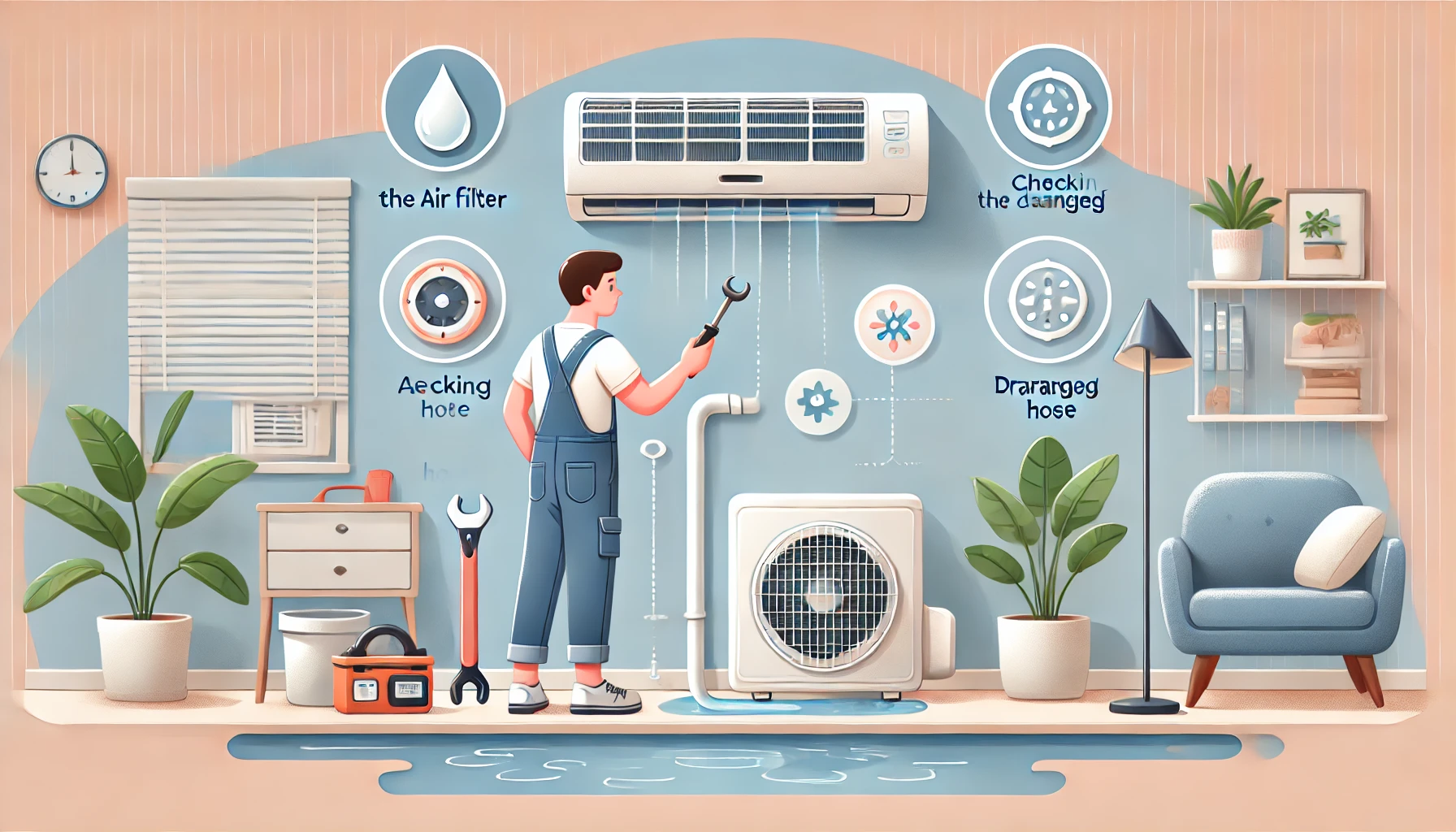 An illustration depicting effective measures to prevent air conditioner water leakage. The scene includes a person cleaning the air filter, checking the drainage hose, and performing basic maintenance. The setting is a modern home with a clear and informative style, using soft colors. Aspect ratio: 16:9.