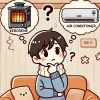 A Japanese person looking confused while deciding between a kerosene heater and an air conditioner. The scene is an illustrated style, with a thought bubble showing both heating options. The background is minimal and cozy, emphasizing the decision-making dilemma.