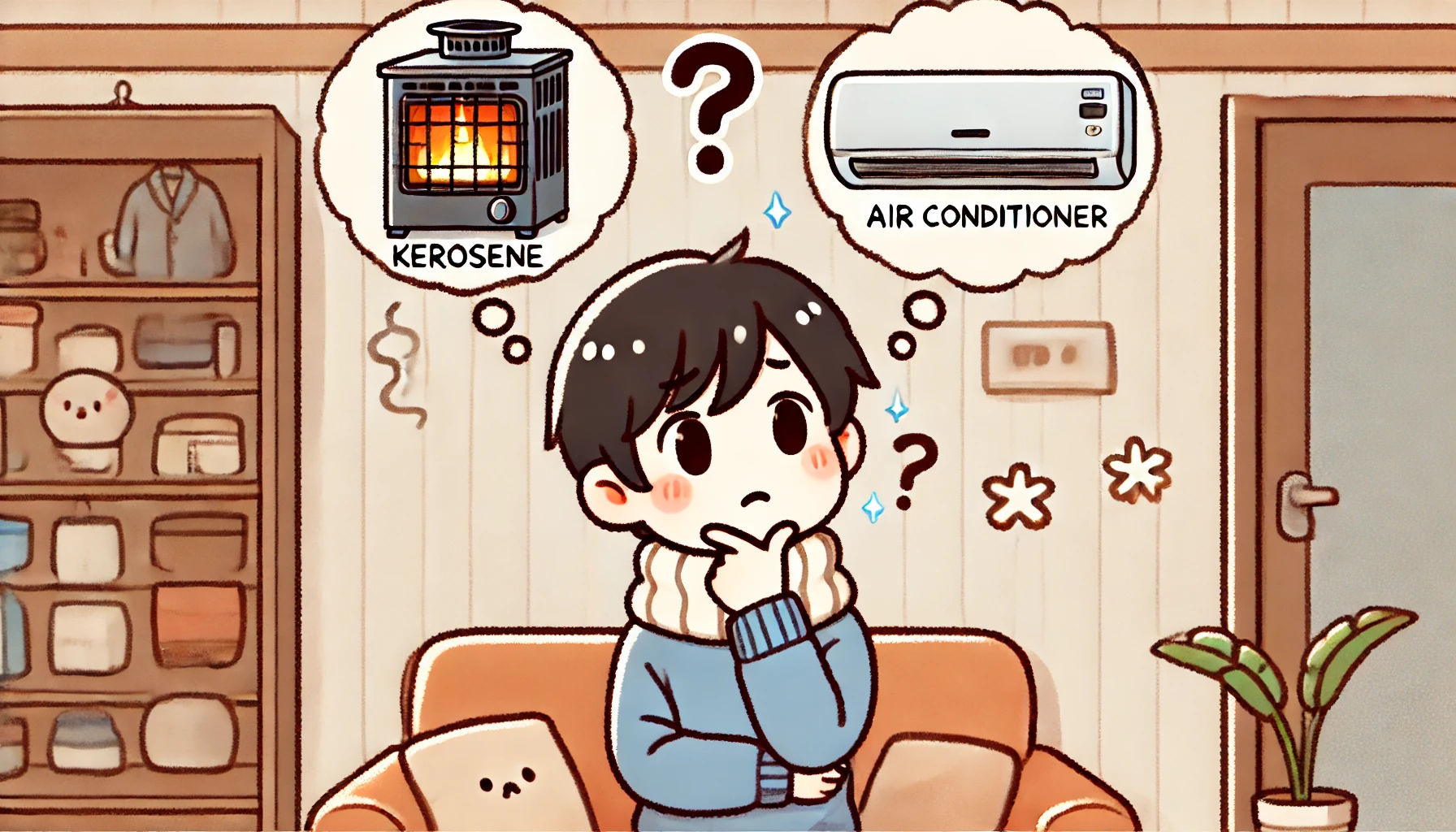 A Japanese person looking confused while deciding between a kerosene heater and an air conditioner. The scene is an illustrated style, with a thought bubble showing both heating options. The background is minimal and cozy, emphasizing the decision-making dilemma.