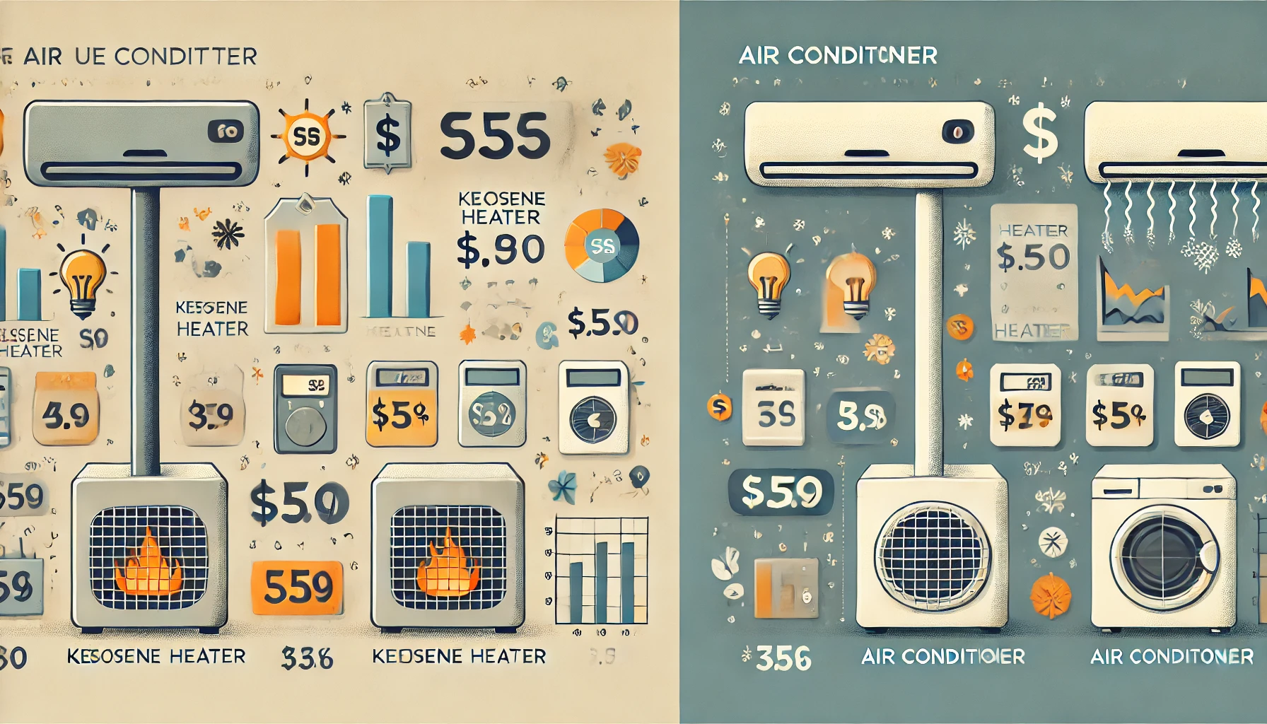 A comparison of the cost between a kerosene heater and an air conditioner. The image is in an illustrated style, displaying price tags and graphs to visually represent the difference in cost. Clean and easy-to-understand layout with a neutral background.