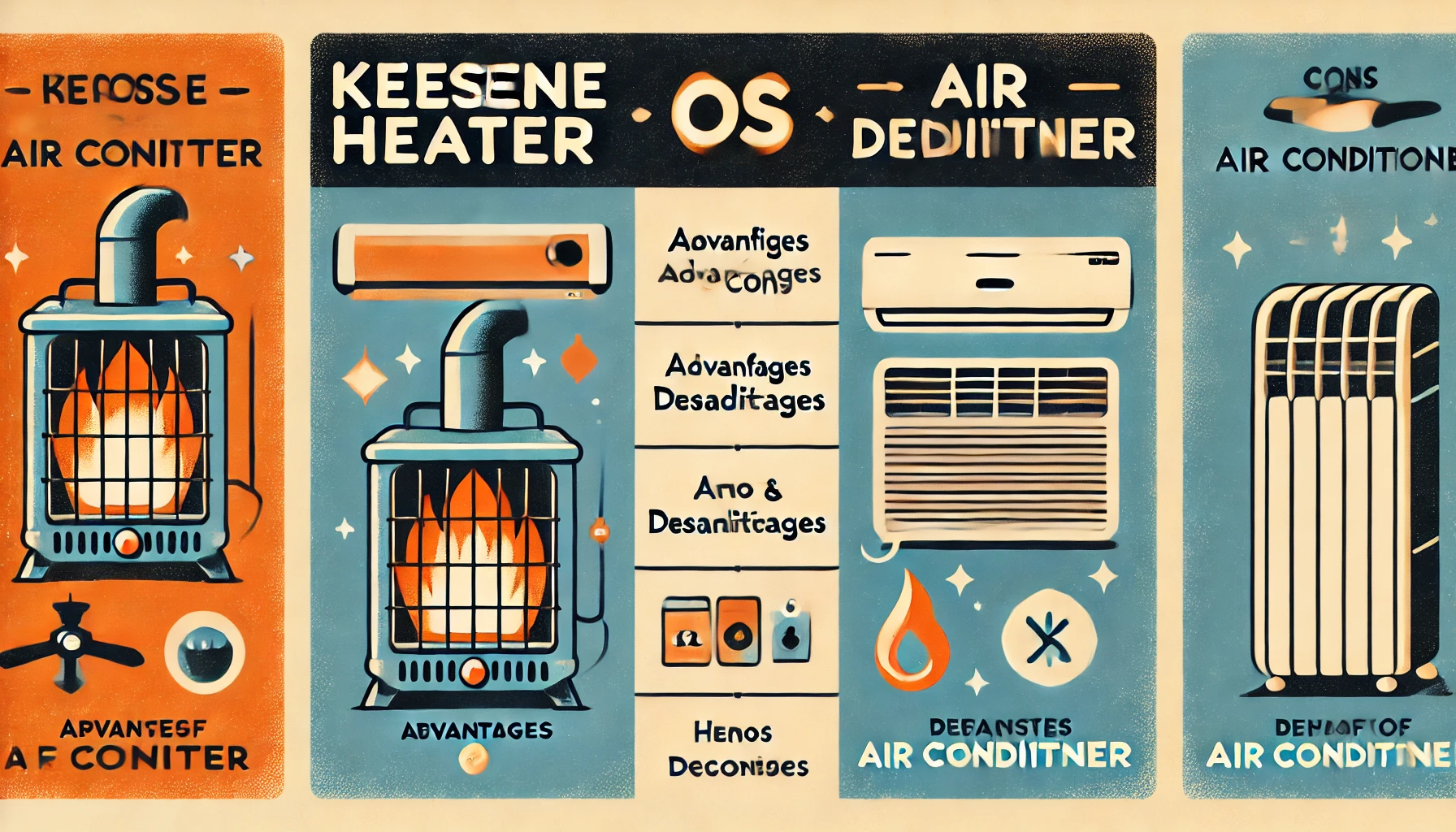 An illustrated comparison of the pros and cons of a kerosene heater and an air conditioner. The image is divided into two sections, each listing the advantages and disadvantages of both heating options. The design is simple and visually engaging.