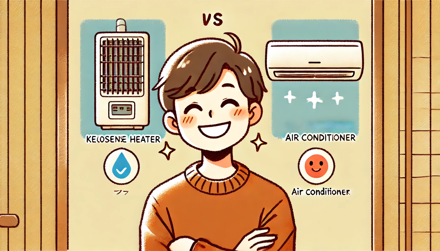 A Japanese person smiling happily after understanding whether a kerosene heater or an air conditioner is more cost-effective. The image is in an illustrated style, with warm and positive colors, depicting a sense of relief and satisfaction.