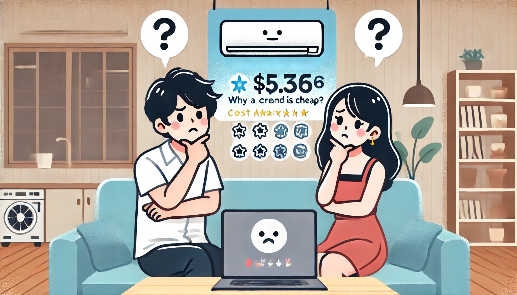 An illustration of a Japanese man and woman researching why a certain brand of air conditioners is cheap. They are looking at a computer screen with a questioning expression, surrounded by symbols representing cost analysis and product comparisons. The background is a home setting with a modern and clean design.