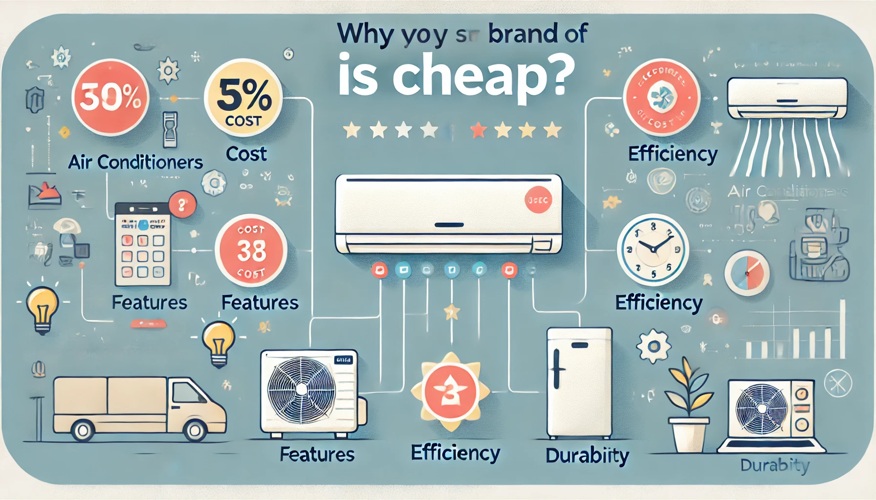 An illustration showing key comparison points for why a certain brand of air conditioners is cheap. The image features icons and diagrams comparing cost, features, efficiency, and durability. The background is light and clean, with an infographic-style design.