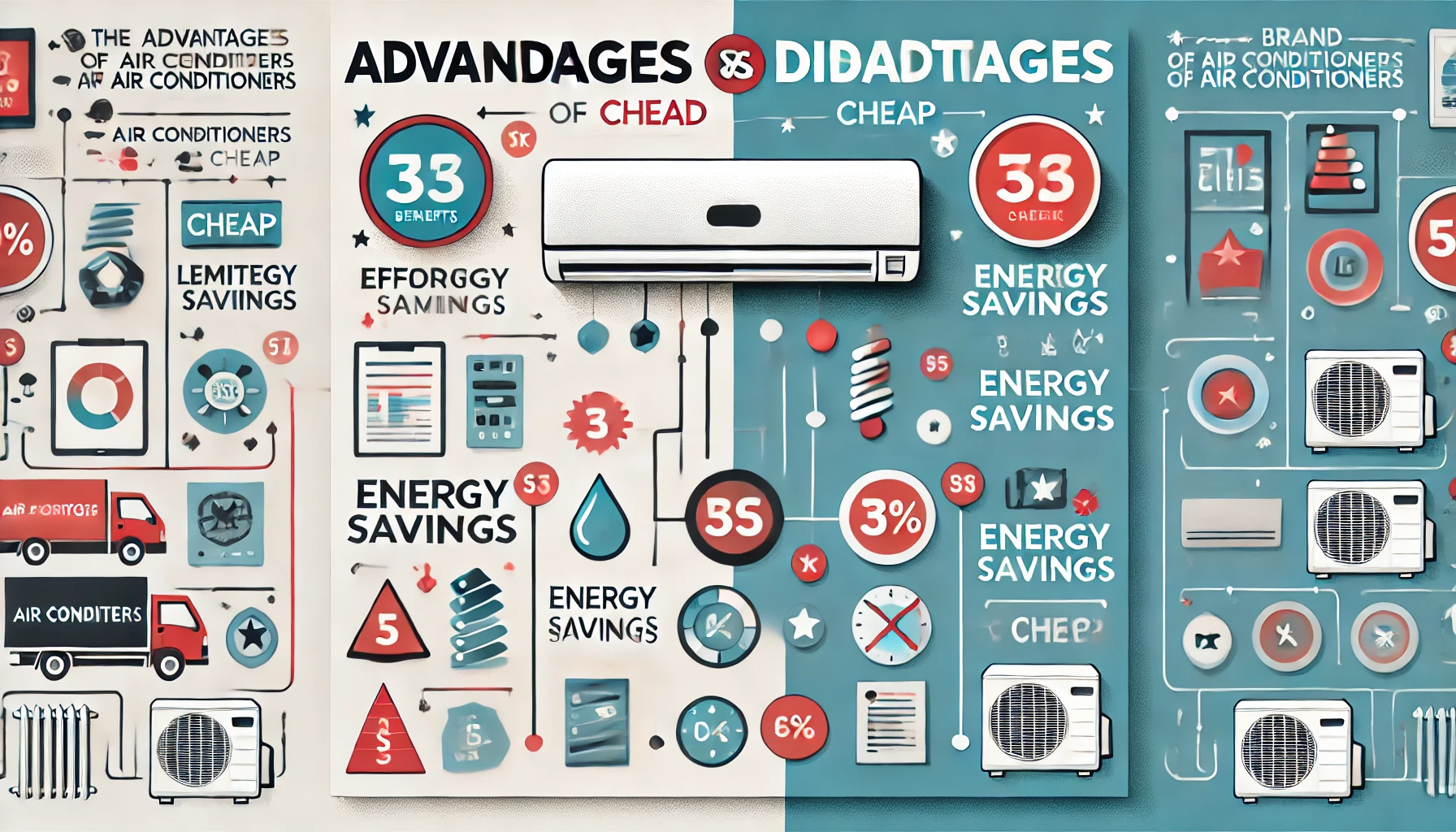 An illustration depicting the advantages and disadvantages of a certain brand of air conditioners being cheap. The image is divided into two sections, one showing benefits like affordability and energy savings, and the other displaying drawbacks such as limited features or potential durability concerns. The background has a clean infographic-style design.