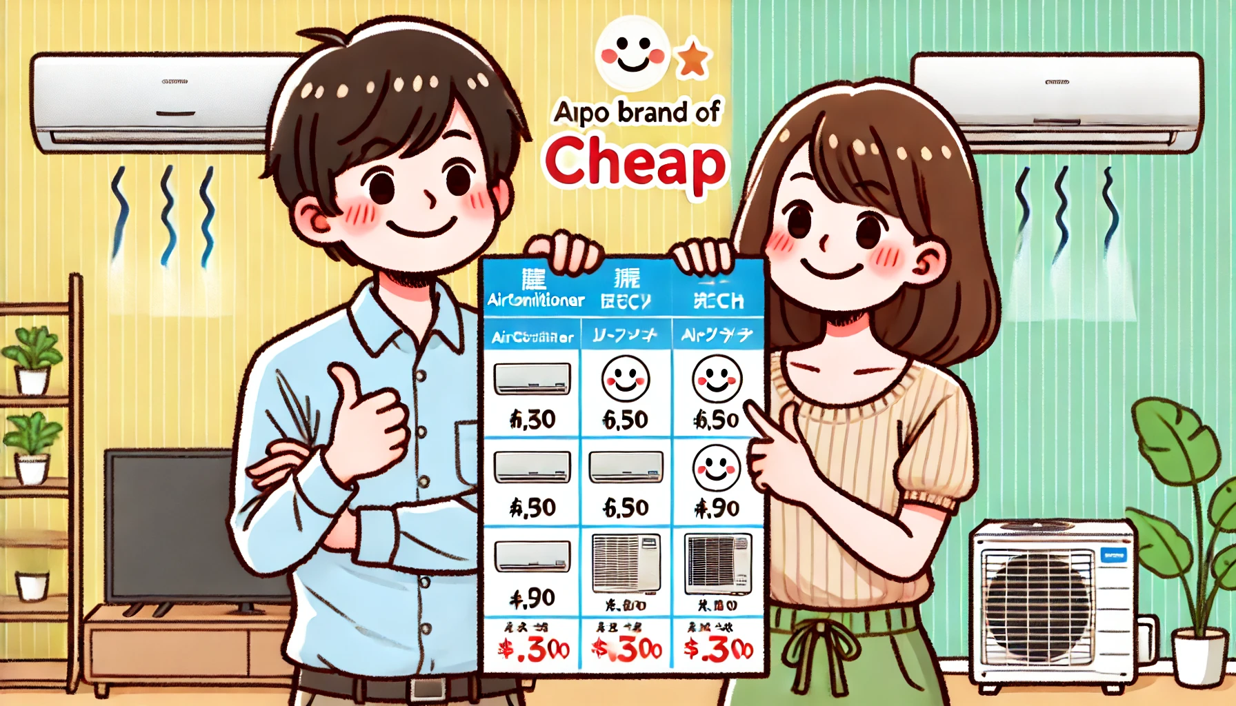 An illustration of a Japanese man and woman happily understanding why a certain brand of air conditioners is cheap. They have a satisfied expression, giving a thumbs-up while looking at a comparison chart or air conditioner features. The background is bright and positive, depicting a comfortable home setting.