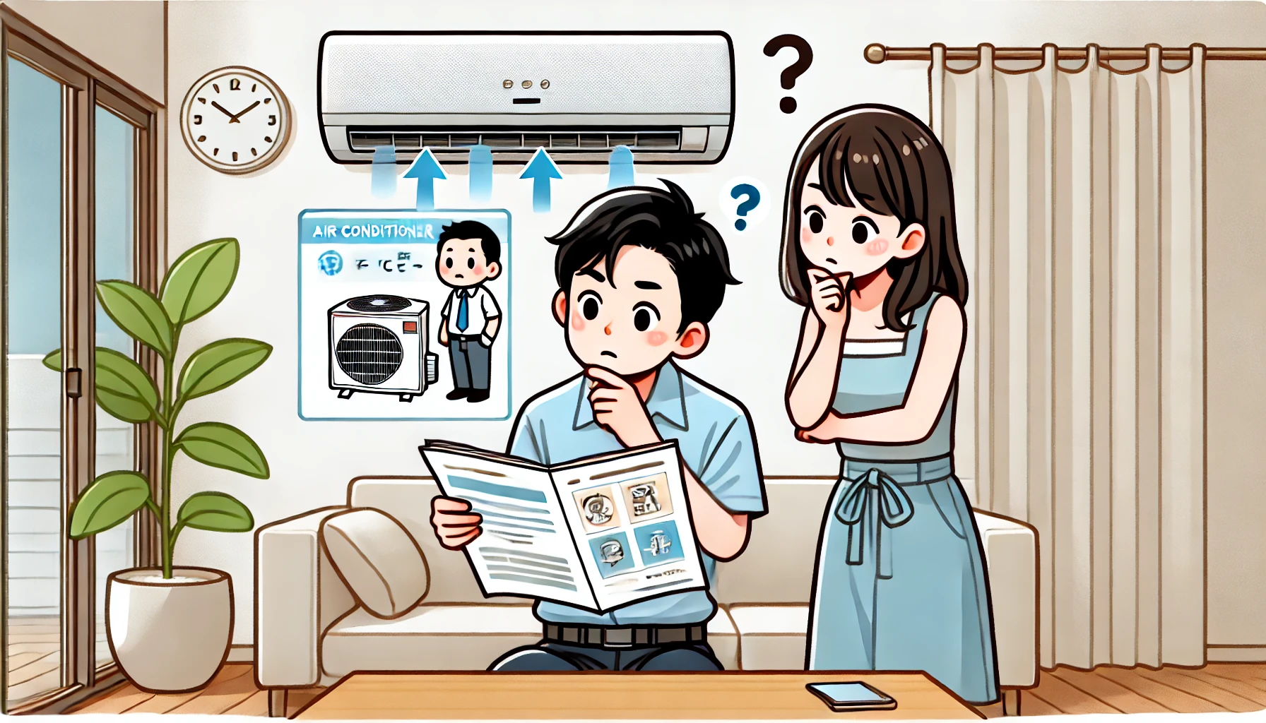 A Japanese man and woman looking at an air conditioner, trying to understand its internal cleaning function. They have curious expressions while reading a manual or looking at a diagram of the air conditioner. The setting is indoors, with a clean and modern home environment. The illustration is in a simple and colorful style, resembling an educational infographic. Aspect ratio 16:9.