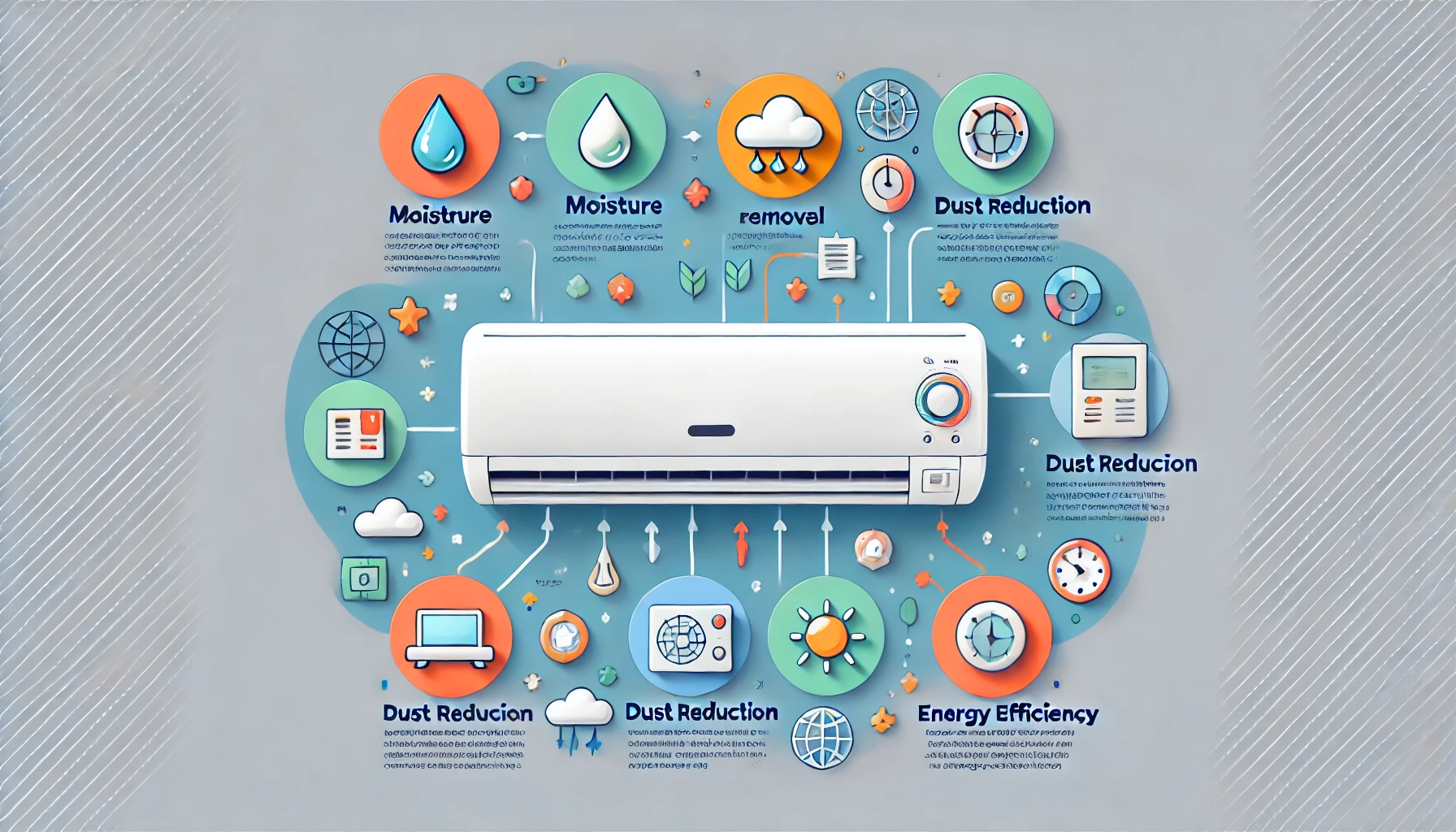 An infographic-style illustration highlighting the key points of an air conditioner's internal cleaning function. The image features a clean and modern air conditioner with text bubbles pointing out key features such as moisture removal, dust reduction, and energy efficiency. The design is simple, colorful, and easy to understand, with a focus on clarity. Aspect ratio 16:9.