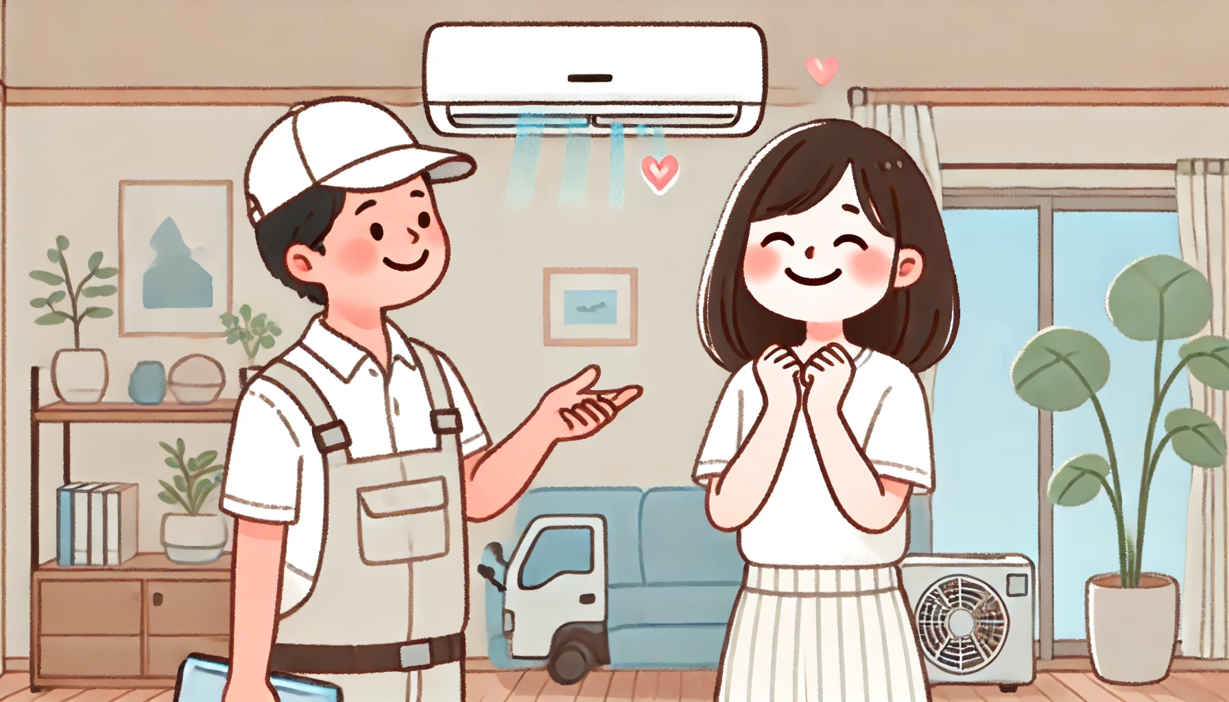 An illustration of a Japanese person happily relieved after getting an air conditioner repaired. The person is smiling, looking satisfied while a technician finishes the repair. The background features a modern home setting with a clean and simple illustration style. Soft colors and expressive emotions make the scene engaging. Aspect ratio: 16:9.