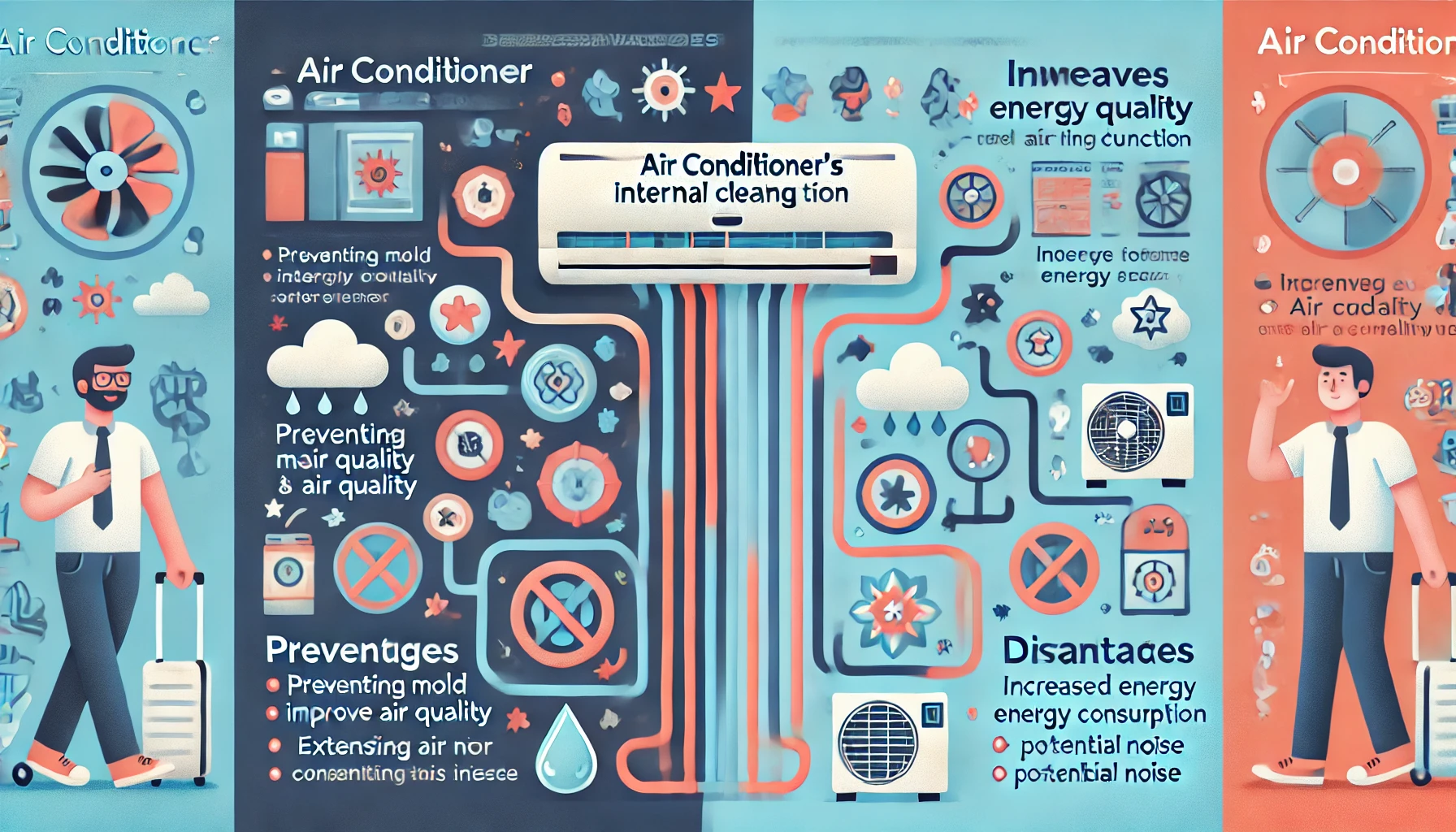 An educational illustration comparing the benefits and drawbacks of an air conditioner's internal cleaning function. The left side shows advantages like preventing mold, improving air quality, and extending the unit's lifespan. The right side highlights disadvantages like increased energy consumption and potential noise. The design is clear, colorful, and informative. Aspect ratio 16:9.