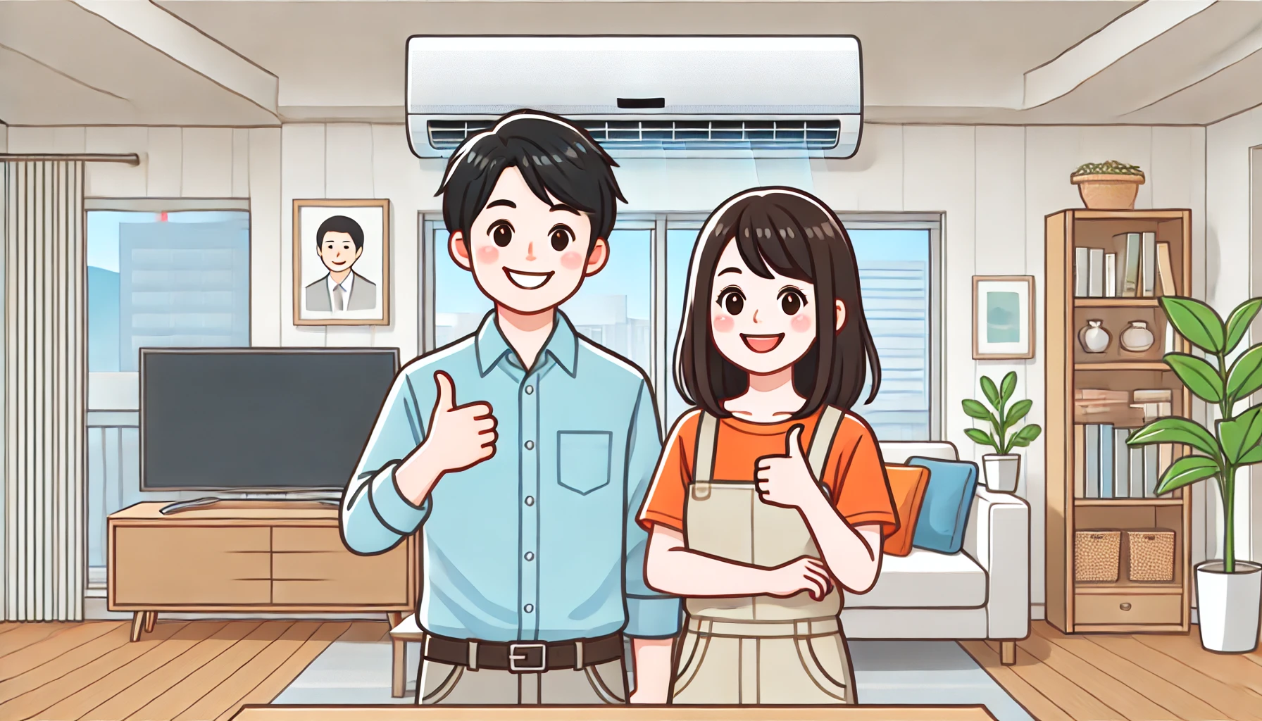 A cheerful Japanese man and woman in a modern home, happily understanding the benefits of their air conditioner's internal cleaning function. They have smiling expressions and are giving a thumbs-up while looking at the air conditioner. The setting is bright and clean, with an illustration style that is simple, colorful, and engaging. Aspect ratio 16:9.