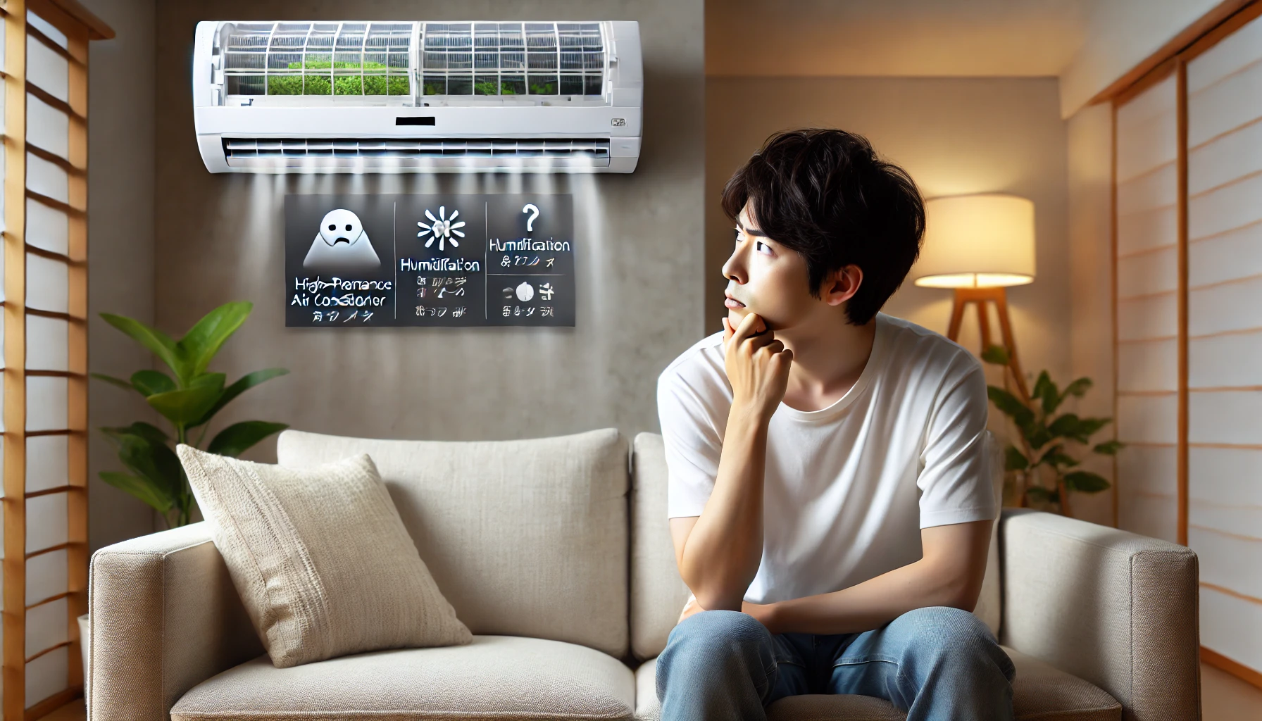 A concerned Japanese person sitting on a sofa, looking at a high-performance air conditioner with humidification and ventilation functions, appearing worried about potential drawbacks. The room has a modern, minimalist interior with soft lighting. The air conditioner is mounted on the wall, and the person is contemplating its features.