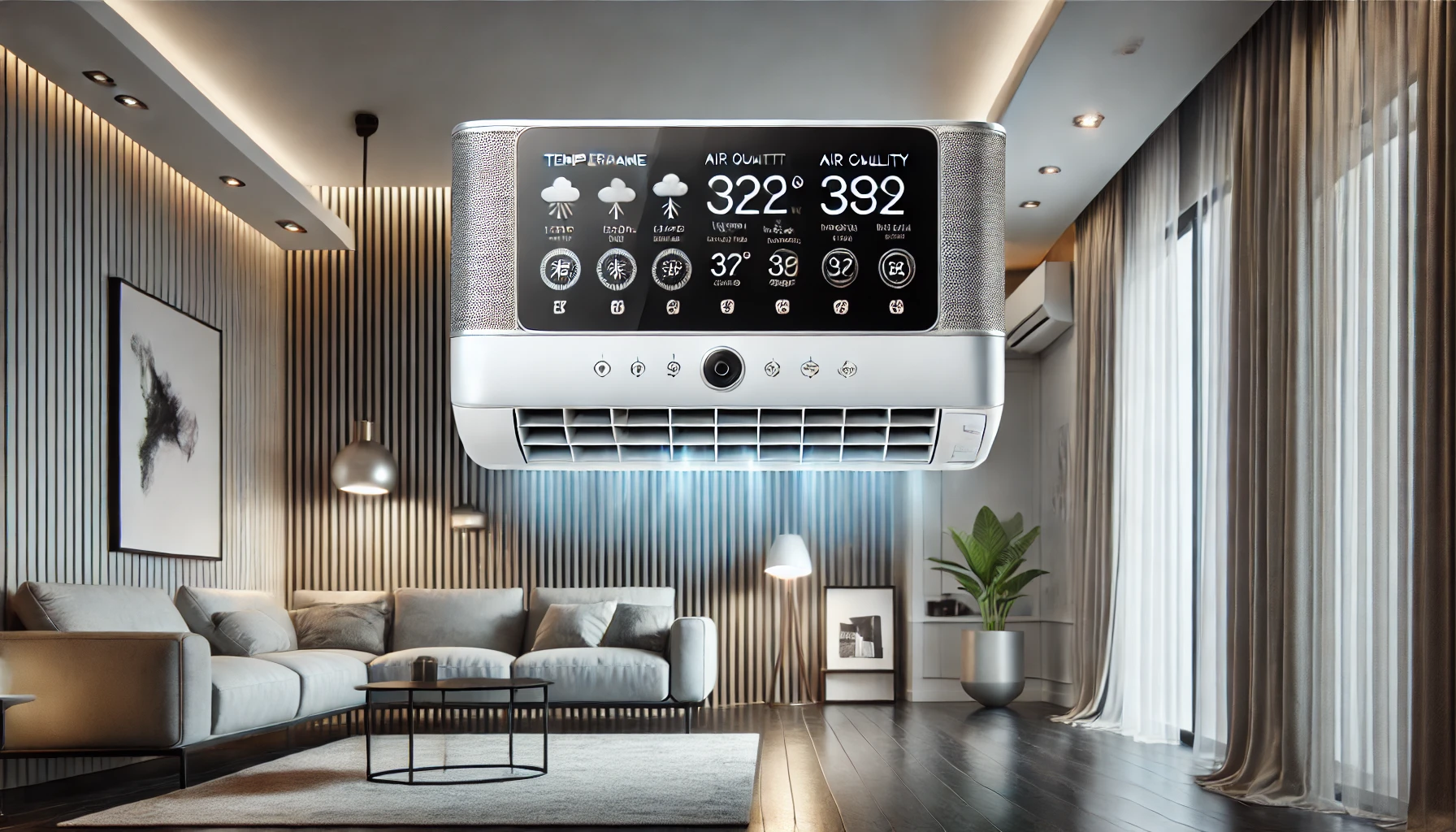 A high-performance air conditioner with humidification and ventilation functions, mounted on a modern interior wall. The display panel shows temperature and air quality settings, emphasizing its unique features. The background has a sleek, contemporary home design with soft lighting.