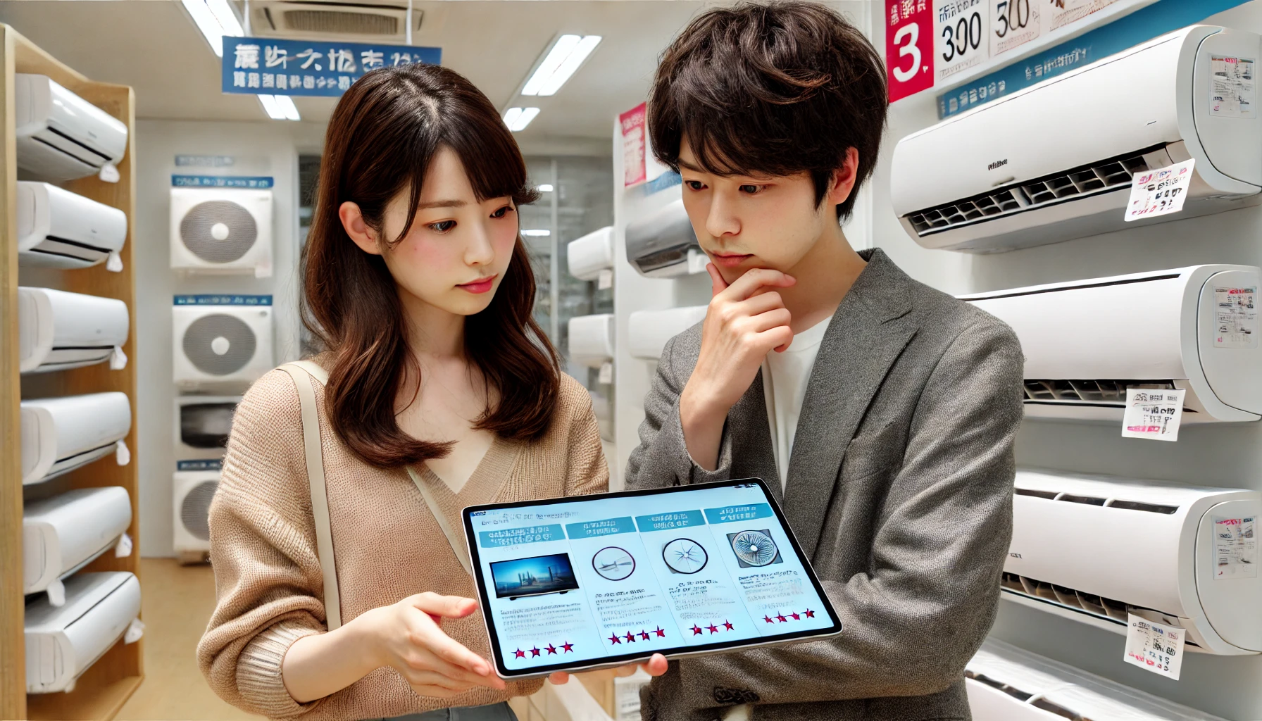 A Japanese couple looking at a high-performance air conditioner with humidification and ventilation functions, considering the best model for their home. They are in an electronics store or a modern living room, discussing the features displayed on a tablet or brochure.