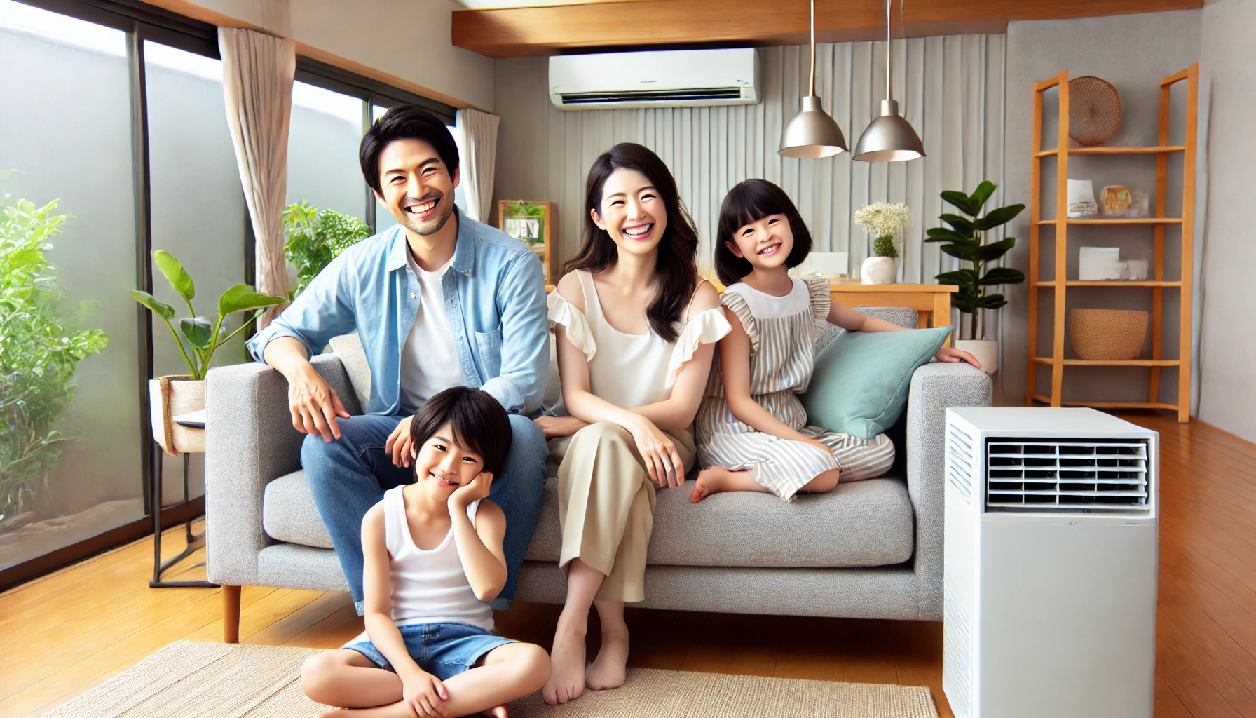 A happy Japanese family sitting in a modern living room, enjoying the comfort of a high-performance air conditioner with humidification and ventilation functions. The room is well-lit, and the family members are smiling and relaxed, expressing satisfaction with their purchase.