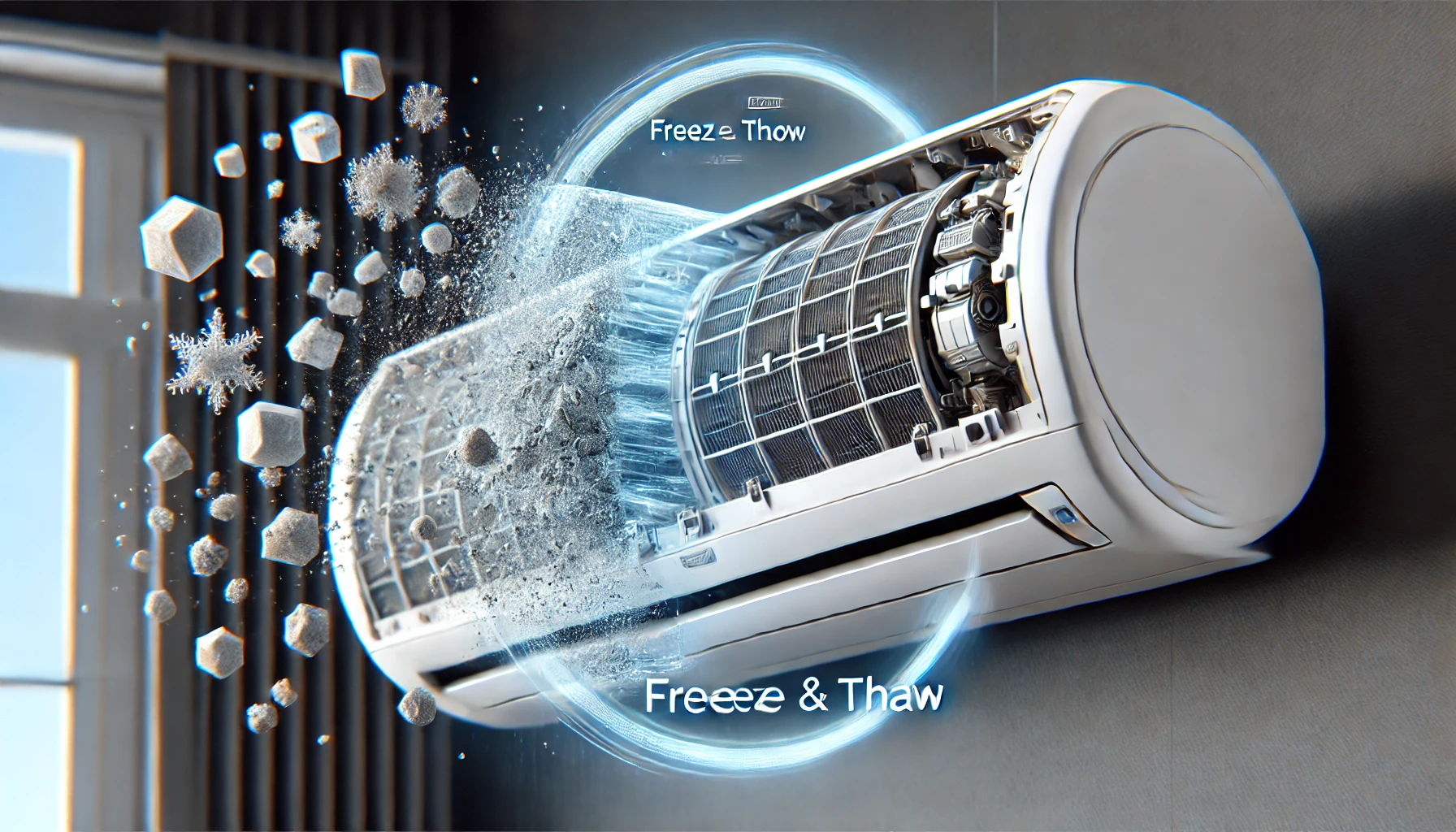 A modern air conditioner with a freeze and thaw cleaning process that removes dirt and debris. The air conditioner is displayed with a clear depiction of the cleaning cycle in action, showing dirt floating away from the internal parts. The air conditioner is sleek, high-tech, and user-friendly. The focus is on the visible process of cleaning with a clean background and a focus on the product.