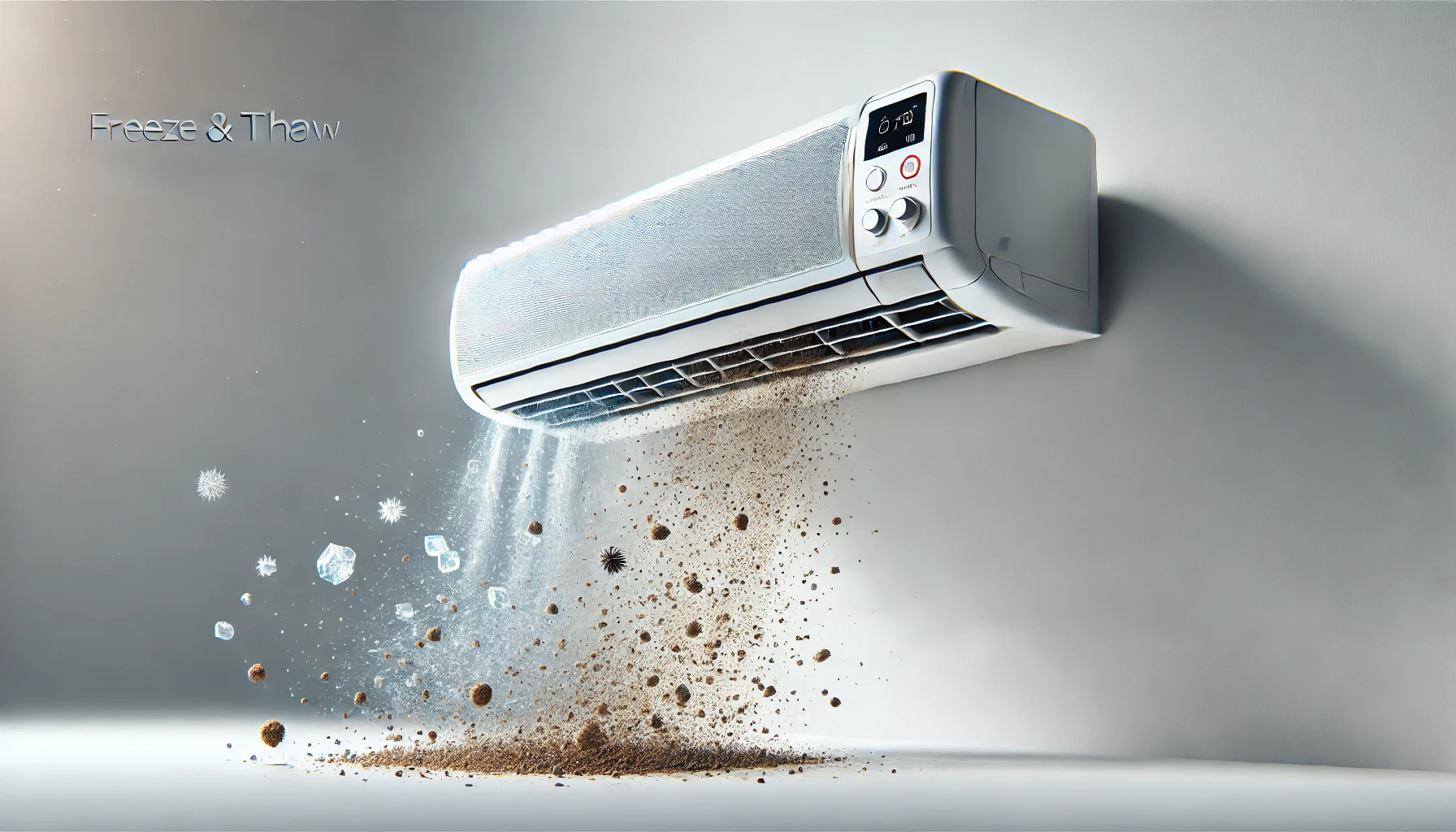 A modern air conditioner featuring a freeze and thaw cleaning process, showing the dirt being removed during the cleaning cycle. The air conditioner is sleek, with a high-tech design. The cleaning process is visually depicted with dirt particles floating away. The background is clean and minimalistic, highlighting the air conditioner and the action of the cleaning cycle.