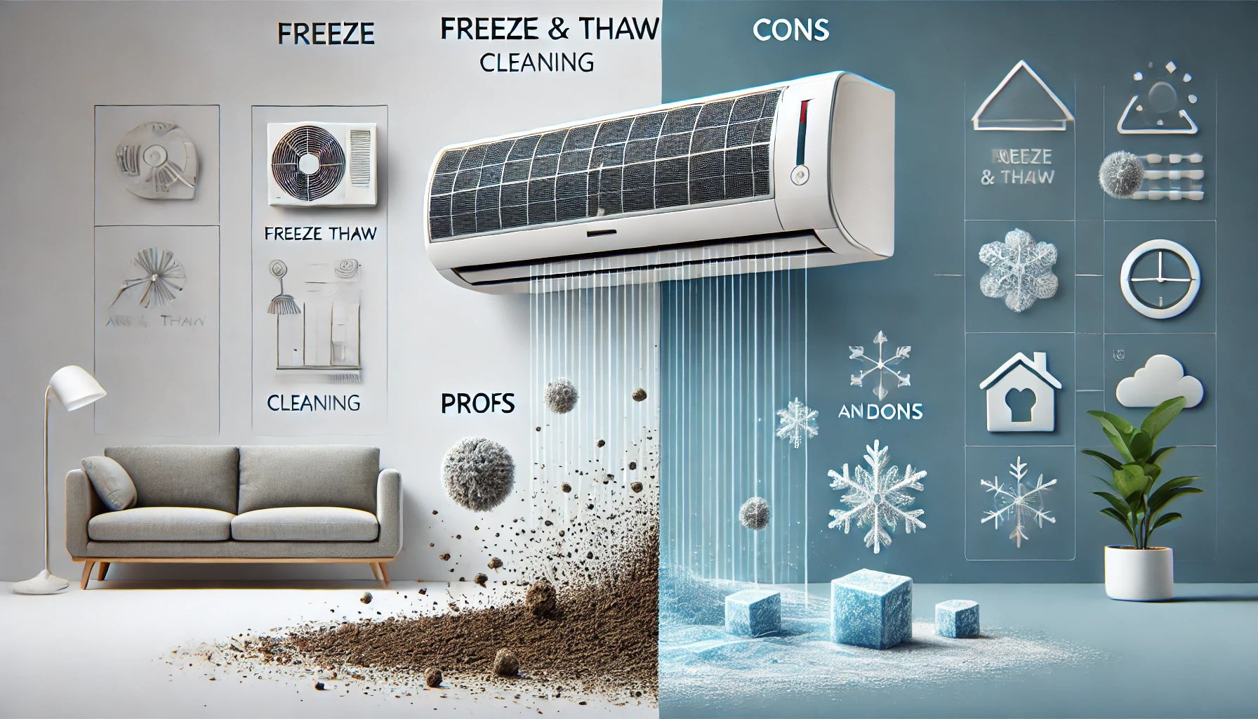 A modern air conditioner with a freeze and thaw cleaning function, depicting the pros and cons. The image should showcase the air conditioner in a sleek, high-tech design with elements representing dirt being removed during the cleaning process. A balance of visual elements representing both the benefits and limitations of this cleaning function. The background should be minimalistic and clean to emphasize the product.