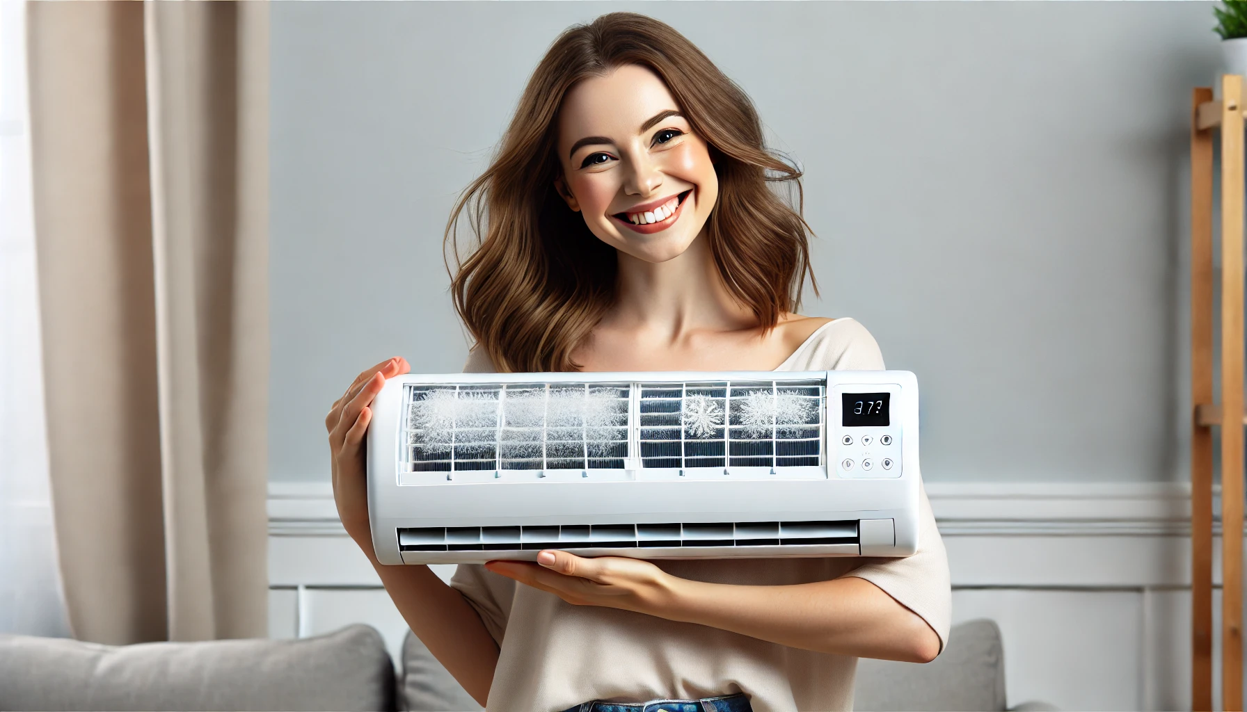 A happy person holding a modern air conditioner with a freeze and thaw cleaning process, showing the satisfaction of having this feature in their home. The person is smiling and looks pleased with the convenience and cleanliness provided by the air conditioner. The background is clean, minimalistic, and emphasizes the positive feeling of owning the product.