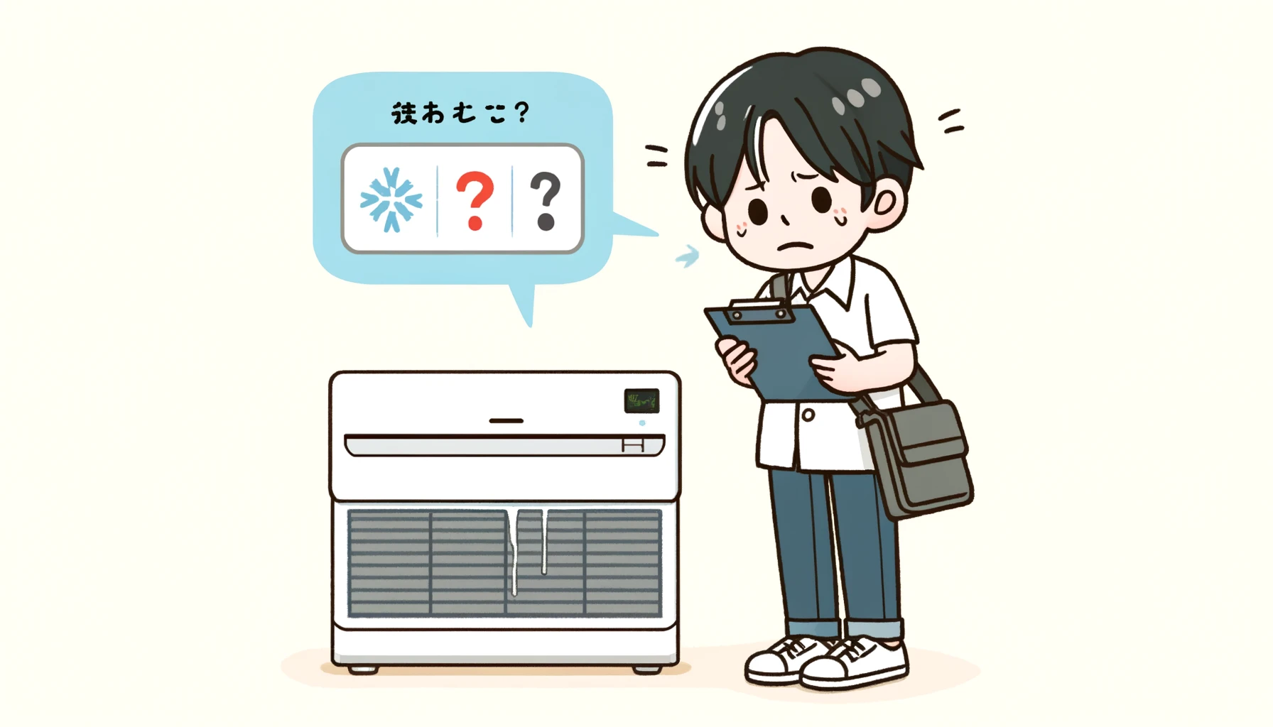 A Japanese person looking worried and frustrated about their air conditioner’s internal cleaning process not finishing. The person is checking the air conditioner with concern. The scene is illustrated in a simple and clean art style. The image is 16:9 aspect ratio.