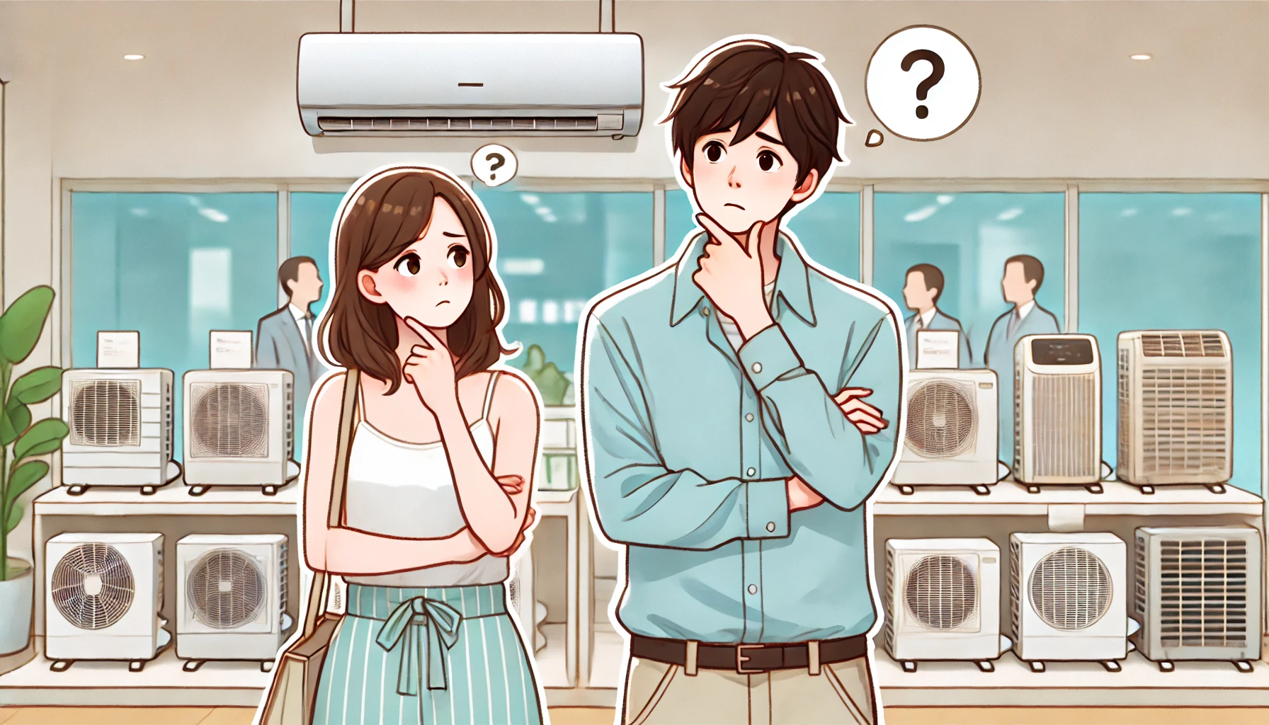 An illustration of a Japanese man and woman looking confused and uncertain while thinking about buying a used air conditioner. The background includes a store or a home setting with air conditioners on display. The art style is soft and friendly, resembling modern digital illustrations. The aspect ratio is 16:9.