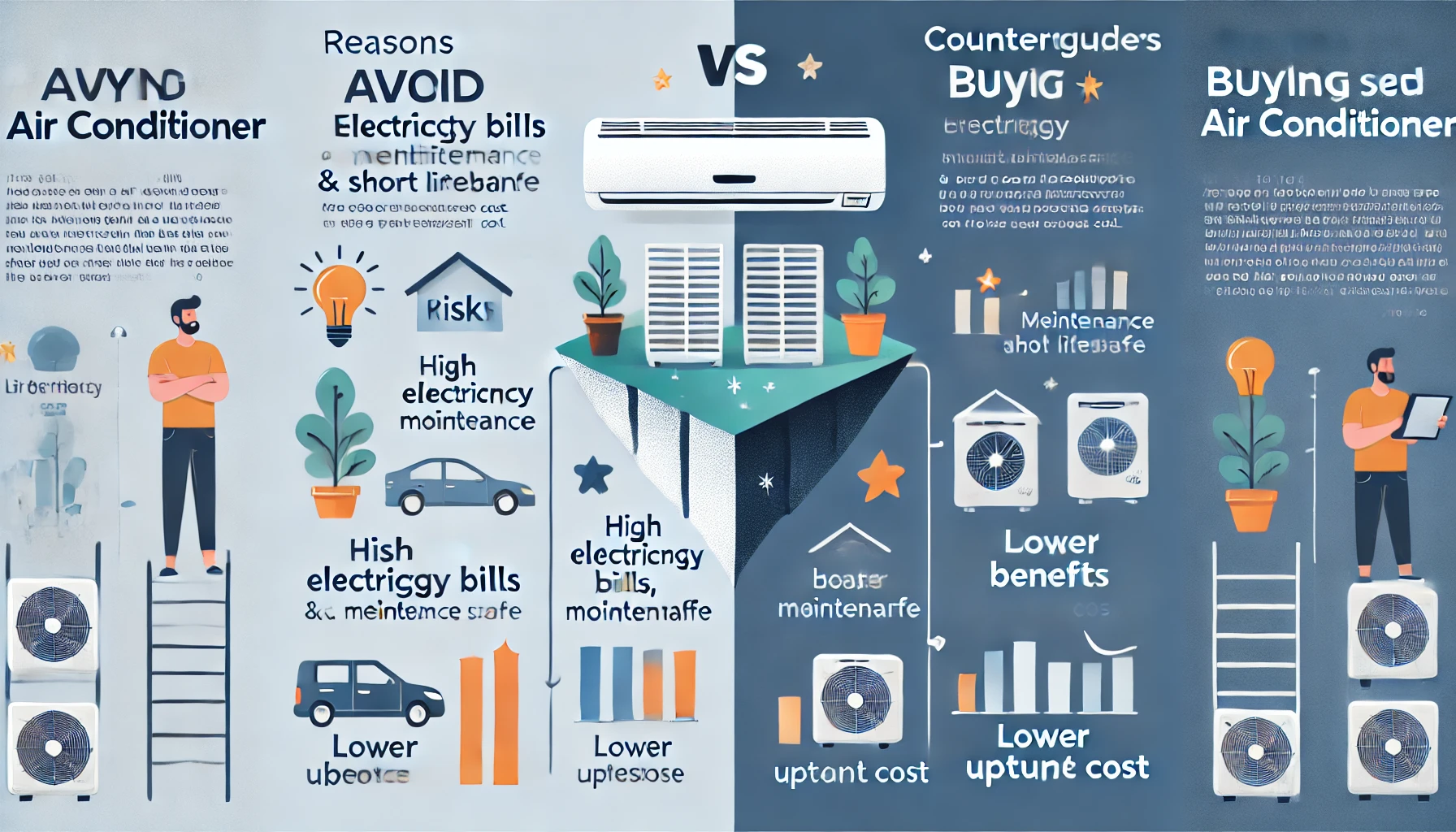 An illustration of a comparison between reasons to avoid buying a used air conditioner and counterarguments in a balanced view. The image is divided into two sections: one listing risks such as high electricity bills, maintenance costs, and short lifespan, and the other presenting possible benefits like lower upfront cost. The style is clean and modern, resembling a digital infographic with a 16:9 aspect ratio.