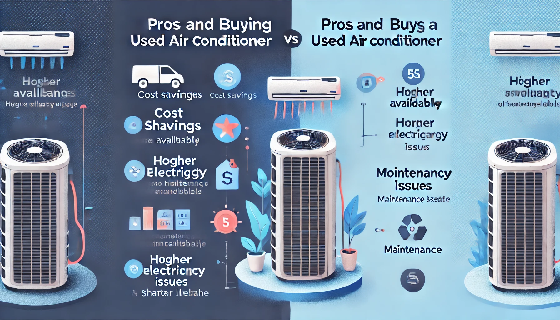 An illustration comparing the pros and cons of buying a used air conditioner. The left side lists advantages like cost savings and immediate availability, while the right side highlights disadvantages such as higher electricity bills, maintenance issues, and shorter lifespan. The style is modern, digital, and visually engaging with a 16:9 aspect ratio.