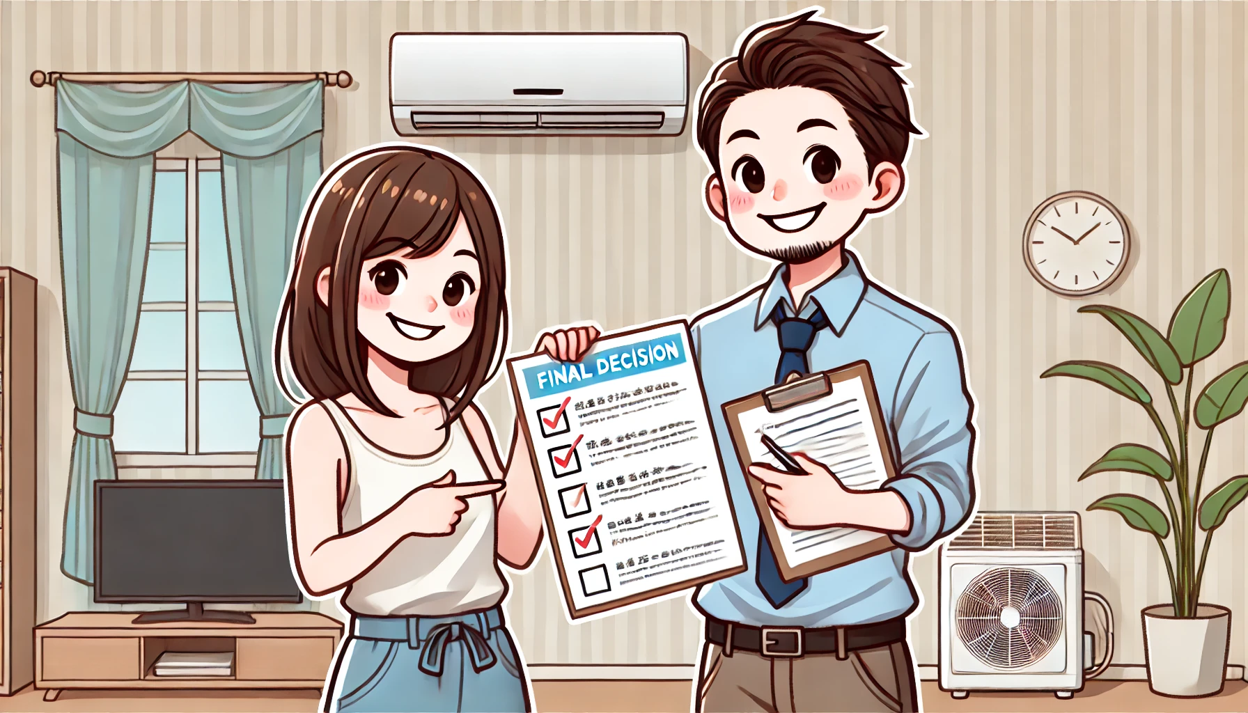 An illustration of a Japanese man and woman happily making a final decision about buying or not buying a used air conditioner. They appear confident and satisfied, holding documents or pointing at a checklist. The background suggests a home or store setting. The style is modern and digital, with a friendly and clear aesthetic. The aspect ratio is 16:9.