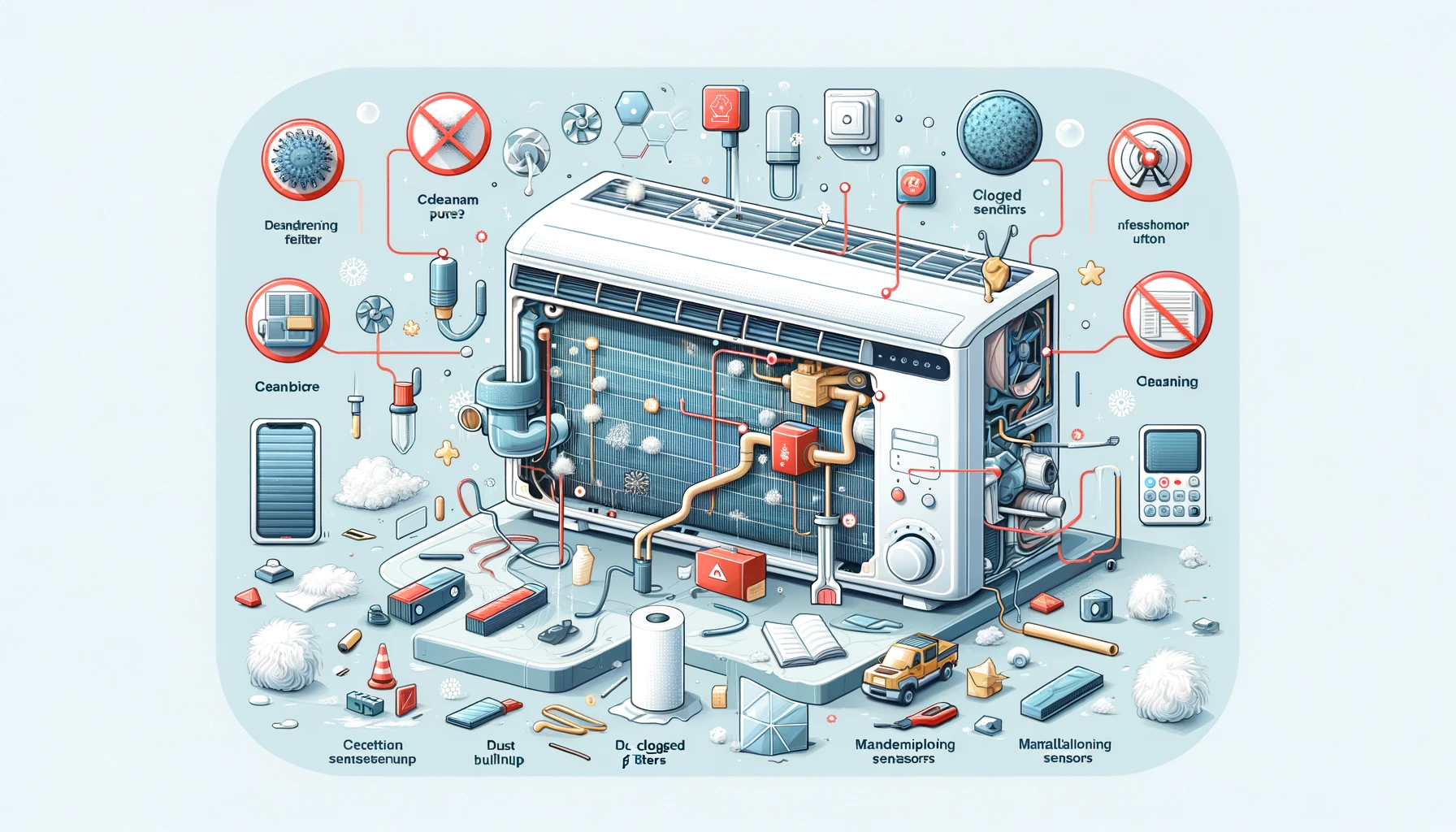 An illustration showing the causes of an air conditioner’s internal cleaning process not finishing. The image includes labeled elements such as dust buildup, clogged filters, and malfunctioning sensors. The scene is visually informative in a clean and simple art style. The image is 16:9 aspect ratio.