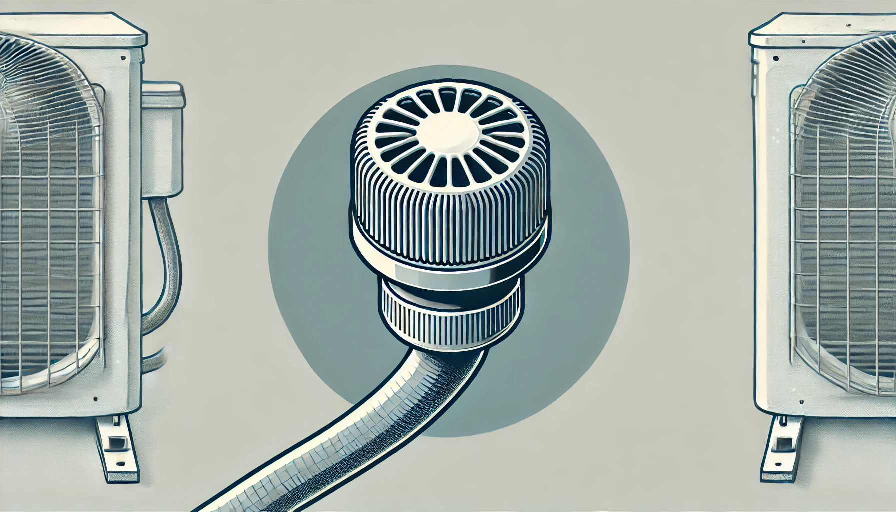 An illustrated image of an air conditioner drain hose cap. The cap is attached to the end of a hose, designed to prevent insects and debris from entering. The background is minimalistic to highlight the cap’s design and function. The illustration is clean and detailed, showing how it fits on the hose.