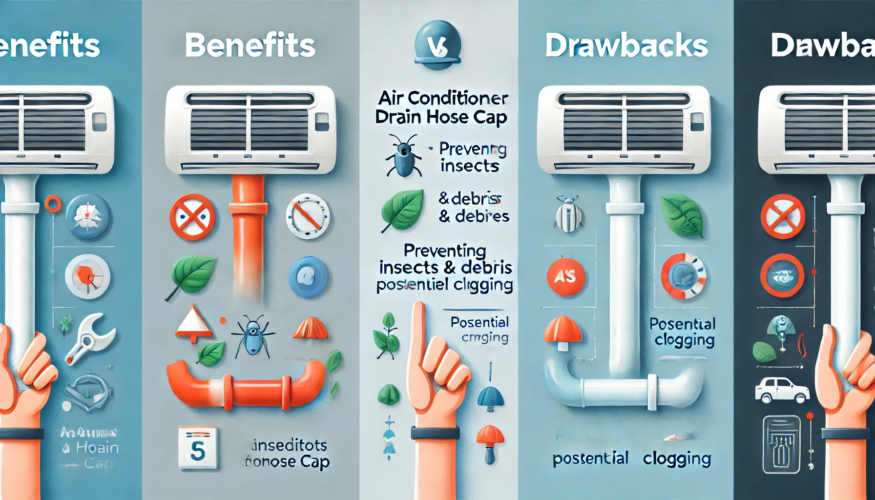 An illustrated image comparing the merits and demerits of an air conditioner drain hose cap. The image is divided into two sections: one side shows benefits like preventing insects and debris, while the other side highlights drawbacks such as potential clogging. The illustration is clean and visually engaging, making it easy to understand.