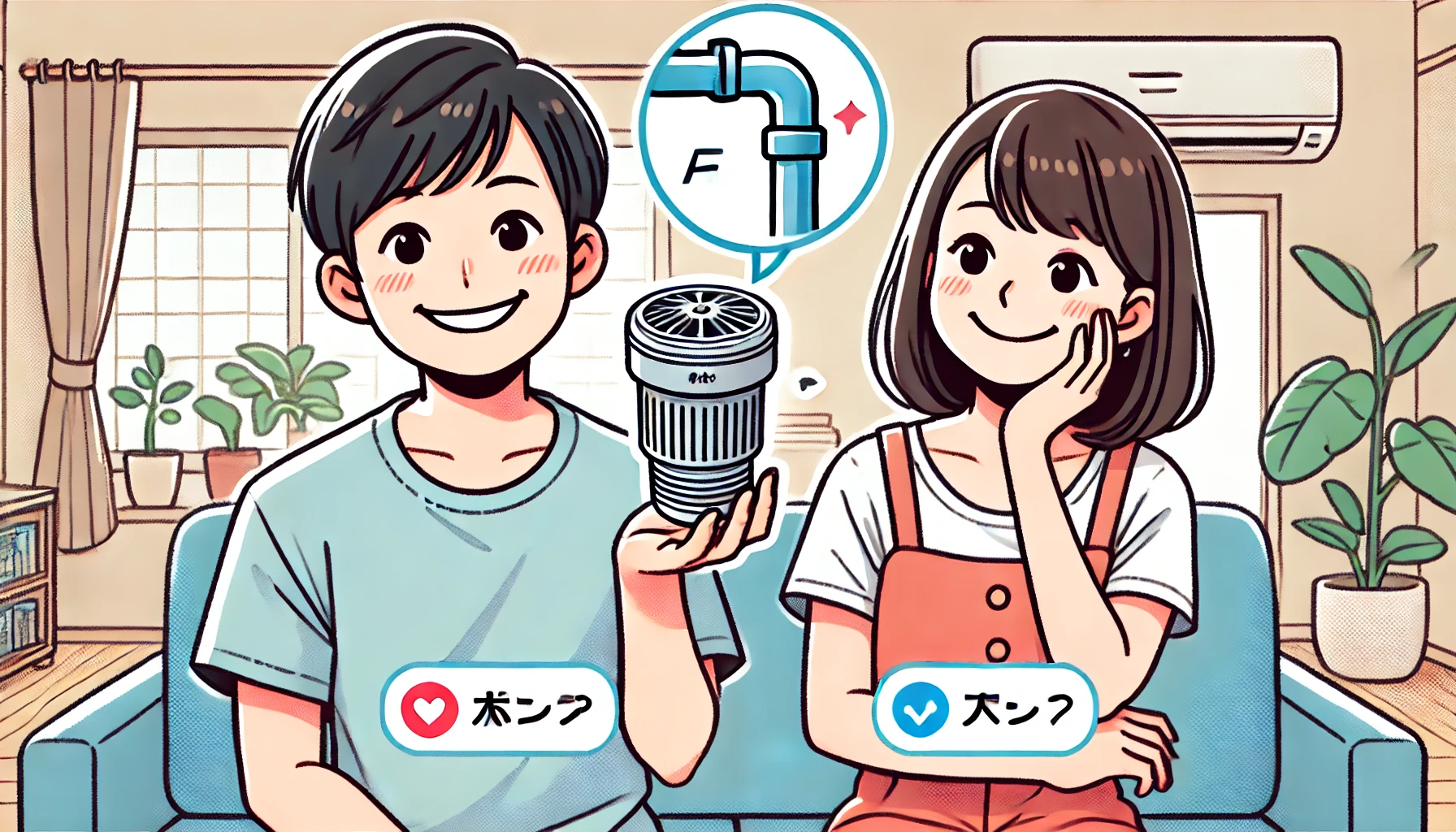 An illustrated image of a Japanese man and woman happily understanding whether to buy an air conditioner drain hose cap. They are smiling and feeling relieved after making an informed decision. The background suggests a home setting where they feel satisfied with their choice. The illustration is bright and engaging.