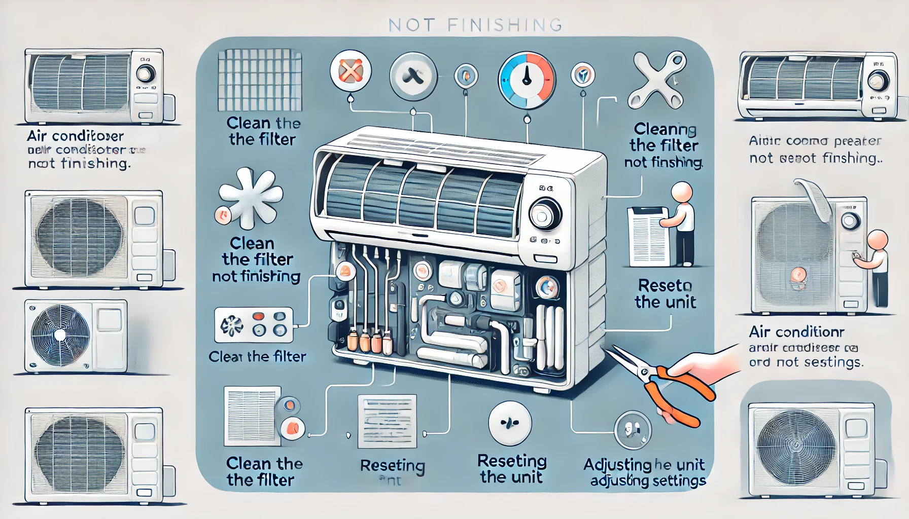 An illustrated guide showing solutions for an air conditioner’s internal cleaning process not finishing. The image includes labeled actions such as cleaning the filter, resetting the unit, and adjusting settings. The scene is informative and visually appealing in a simple art style. The image is 16:9 aspect ratio.