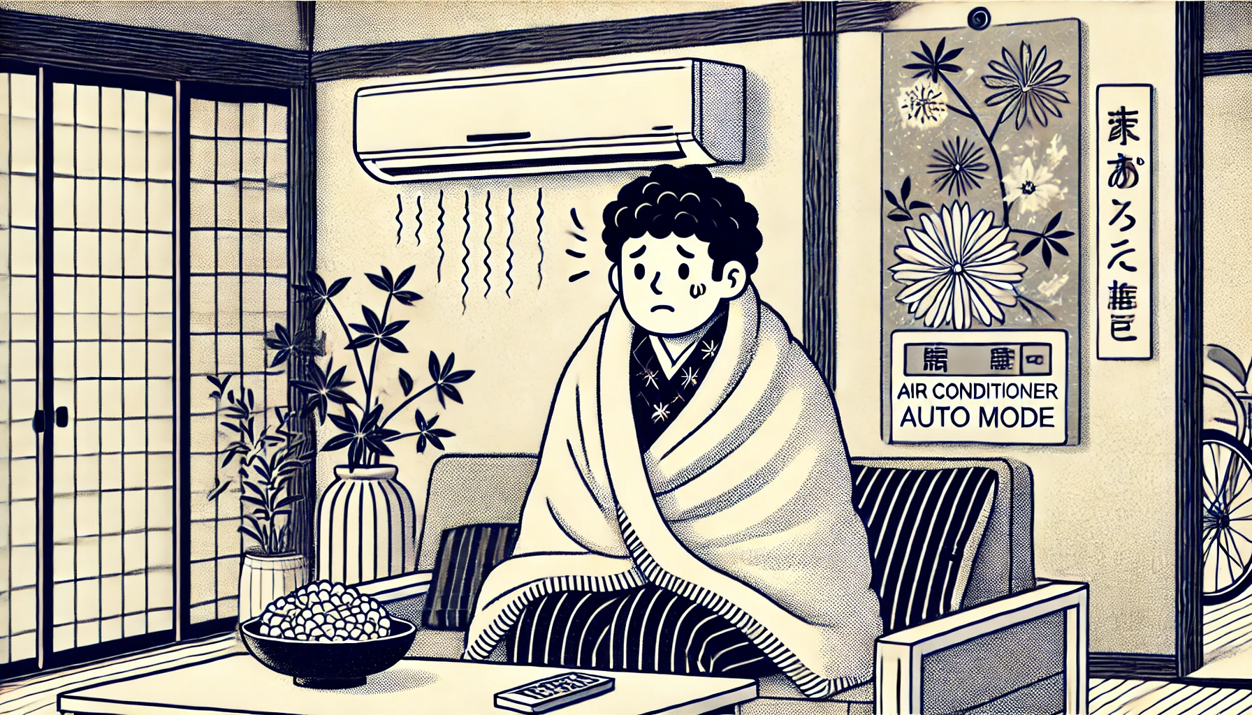 A Japanese person sitting in a living room, looking uncomfortable and shivering due to an air conditioner running on auto mode. The person is wrapped in a blanket, with a worried expression on their face. The room has a modern Japanese aesthetic, with a visible air conditioner on the wall. Illustration style.