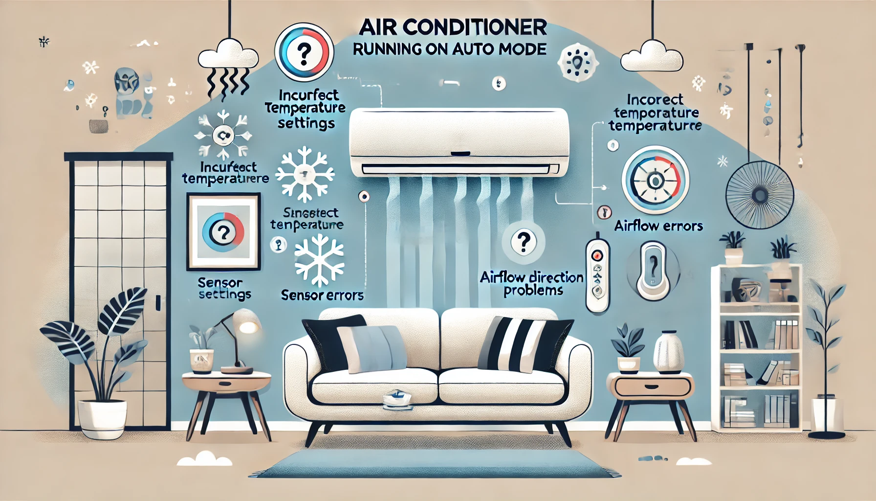 An illustration depicting the causes of an air conditioner running on auto mode feeling too cold. The image includes factors such as incorrect temperature settings, sensor errors, and airflow direction problems. A modern Japanese-style room with an air conditioner on the wall, and visual icons representing these causes. Illustration style.