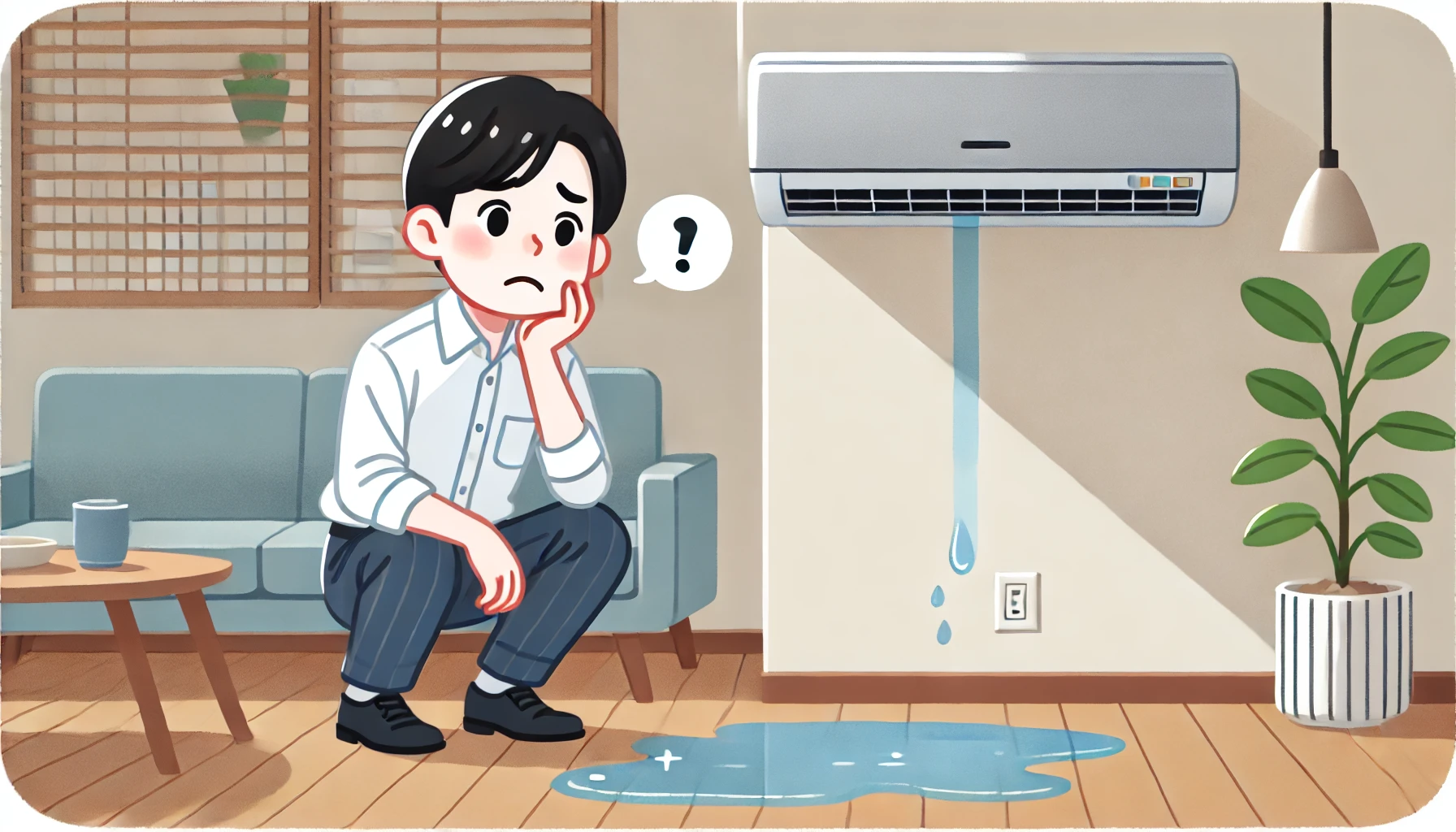 An illustration of a Japanese person troubled by an air conditioner leaking water. The person looks concerned, staring at a puddle forming beneath the AC unit. The setting is indoors, with a modern living room background. The illustration style is clean and simple, with soft colors and expressive facial features. Aspect ratio: 16:9.